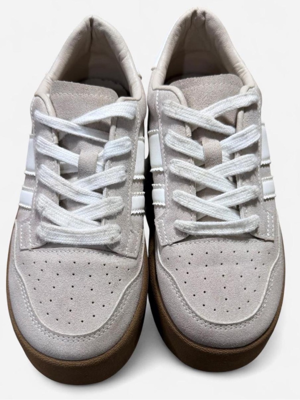 Madden Girl Beige Suede Sneakers with White Stripes and Brown Soles